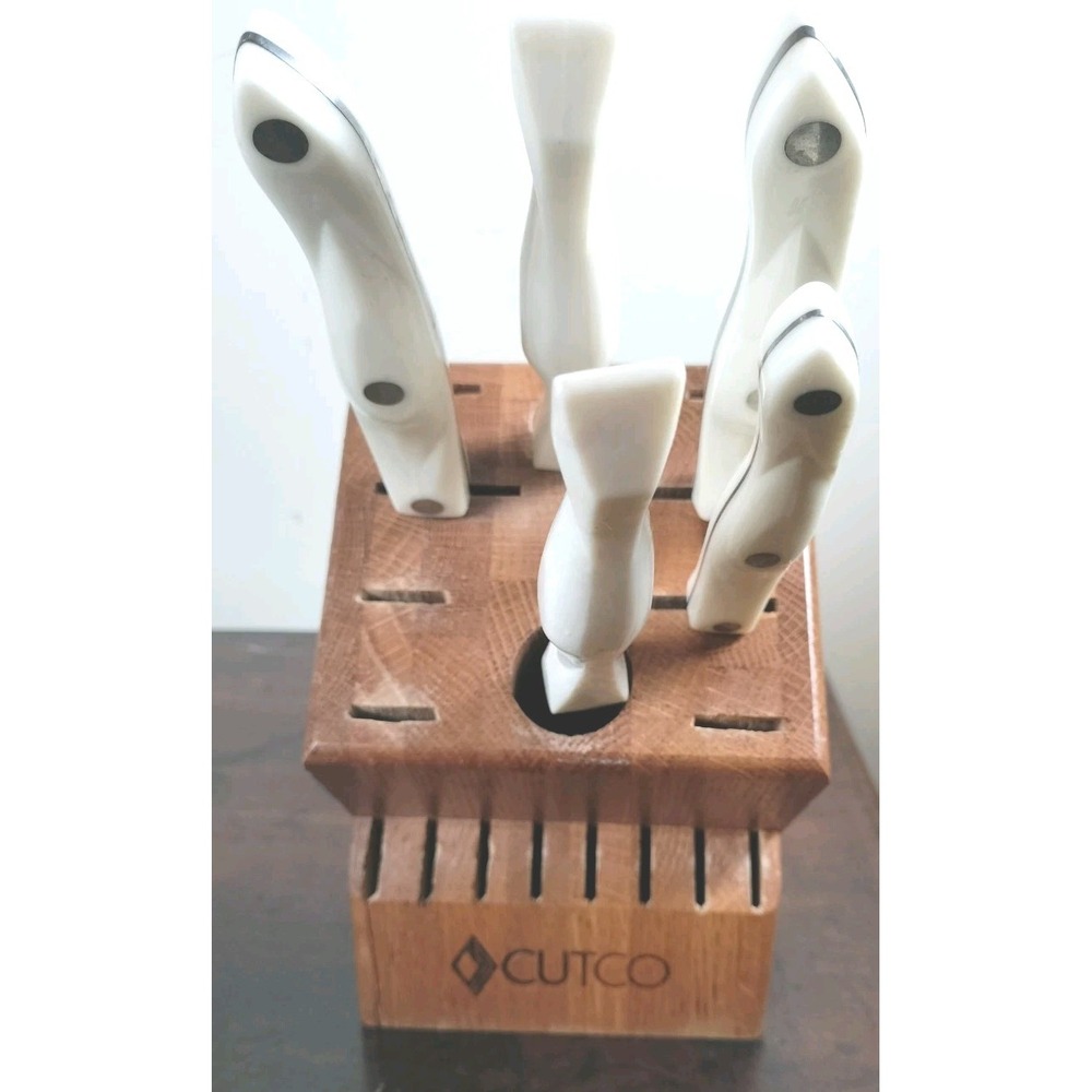 Cutco Knife Block Set Of 5 Pearl White Handles Wood Block Kitchen Cutlery USA